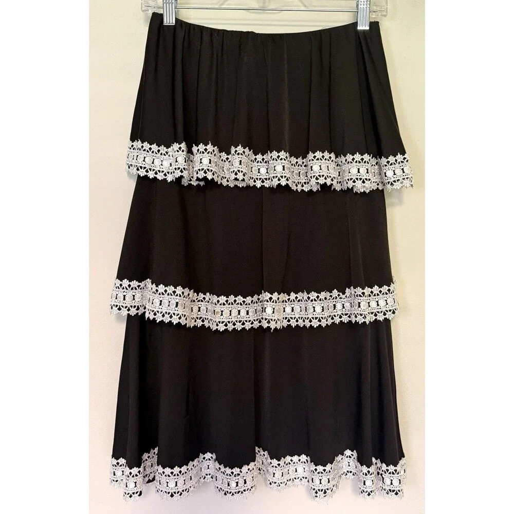 Judith March Tiered Skirt Medium Black White Crochet Lace Boho Hippie